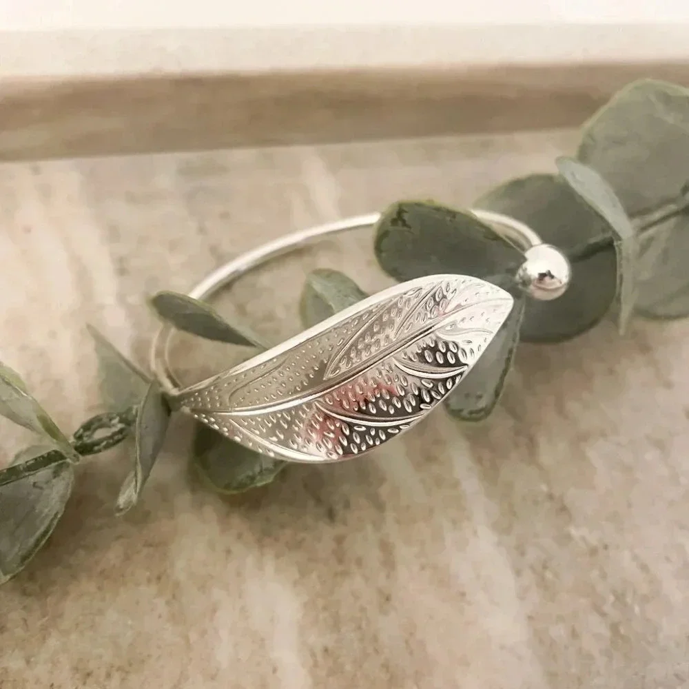 925 Sterling Silver Leaf Bracelet Adjustable Bangle Cuff Statement Bracelet